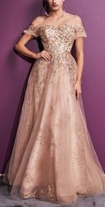Gold off the shoulder long new metallic glitter sequins long floral design gown